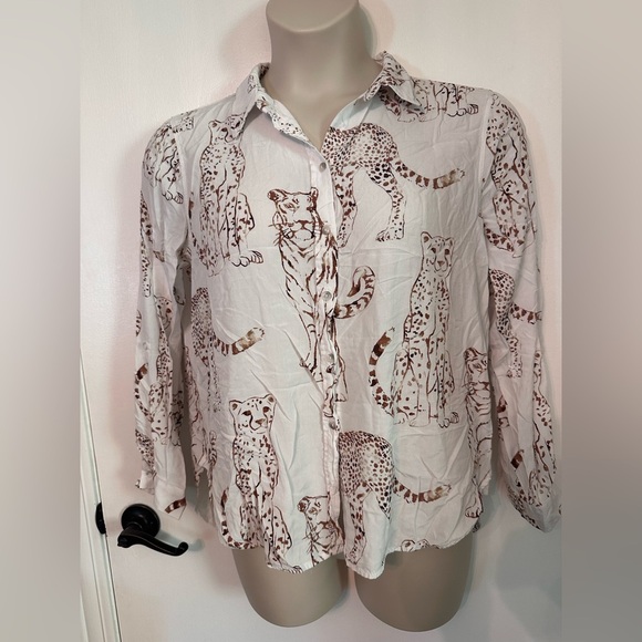 Jane & Delancey White Brown Wild Cat Cheetah Tiger Print Button Down L #1828 - Picture 1 of 11